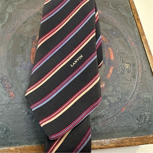 Lanvin Paris 100% silk men’s tie vintage striped motif navy/pink/red/purple - Picture 7 of 7